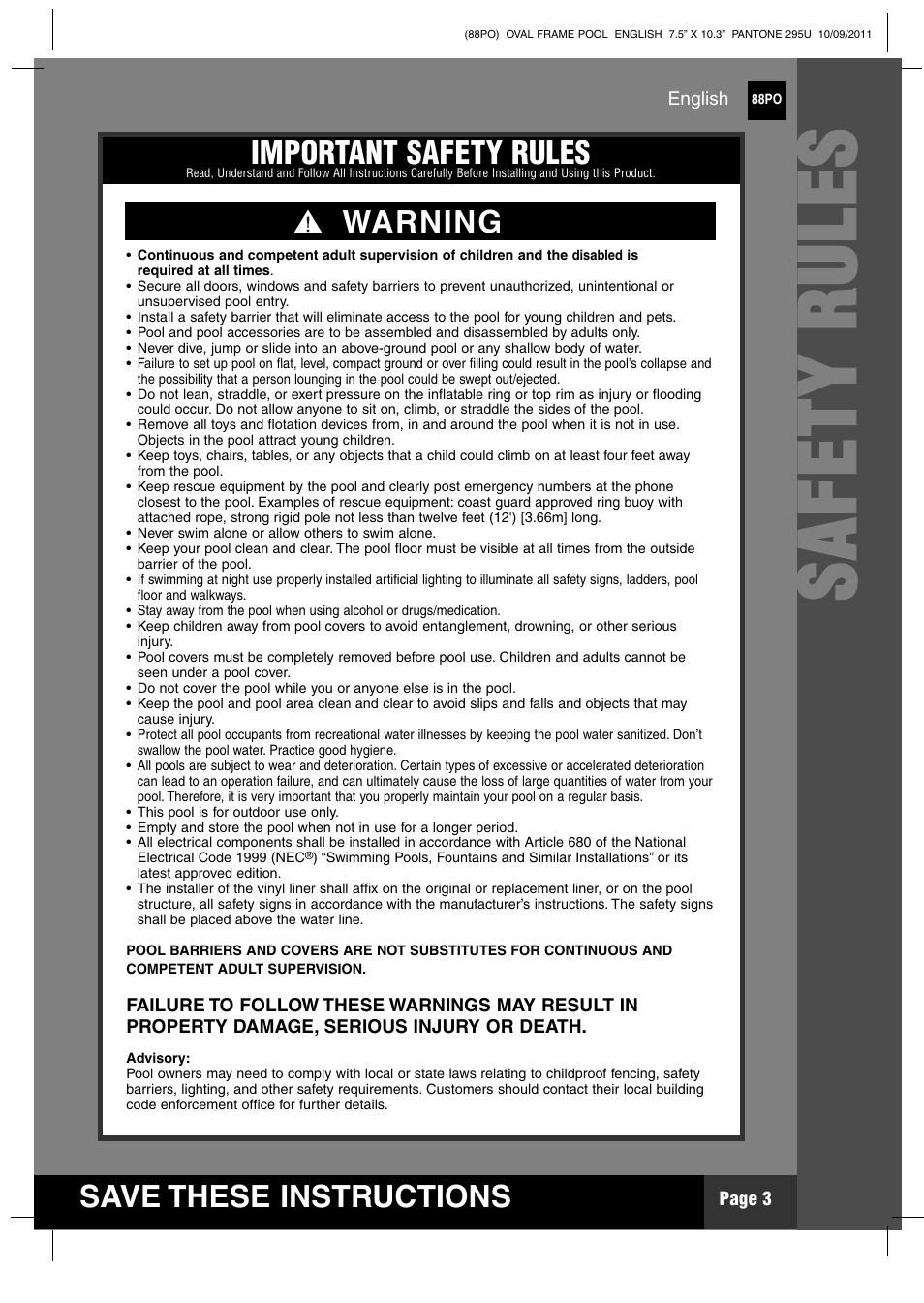 Ss aa ff ee tt yy rr uu ll ee ss, Save these instructions, Important safety rules | Warning | Intex 20 FT X 12 FT X 48 IN OVAL FRAME POOL User Manual | Page 3 / 21