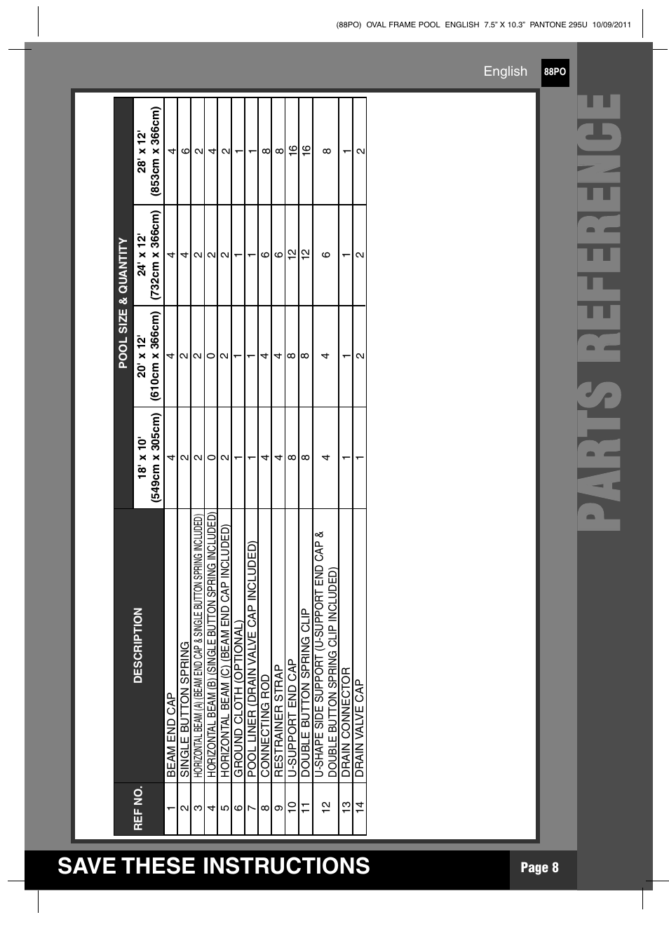 Pp aa rr tt ss rr ee ff ee rr ee nn cc ee, Save these instructions | Intex 20 FT X 12 FT X 48 IN OVAL FRAME POOL User Manual | Page 8 / 21