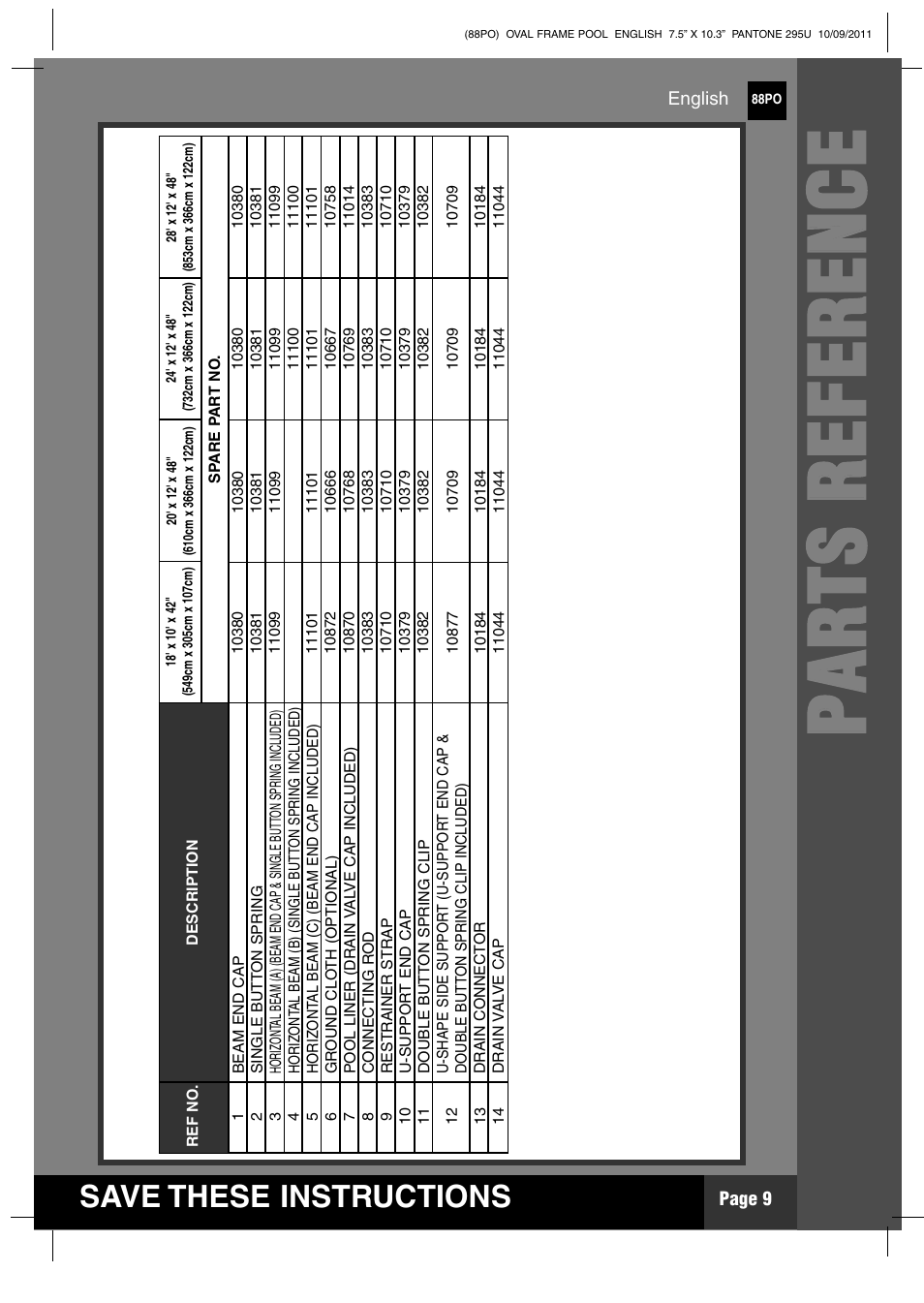 Pp aa rr tt ss rr ee ff ee rr ee nn cc ee, Save these instructions | Intex 20 FT X 12 FT X 48 IN OVAL FRAME POOL User Manual | Page 9 / 21