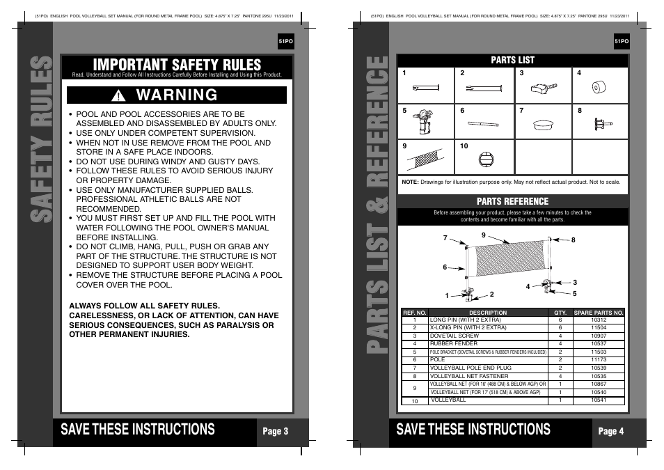 Ss aa ff ee tt yy rr uu ll ee ss, S ave these instructions, Important | Warning, Safety rules | Intex Pool Volleyball Set User Manual | Page 2 / 4