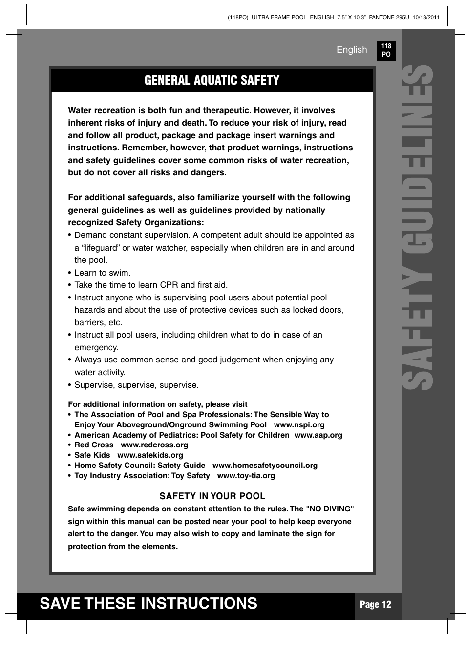 Ss aa ff ee tt yy gg uu iidd ee ll iinn ee ss | Intex 18 FT X 52 IN ULTRA FRAME POOL 2012 User Manual | Page 12 / 15
