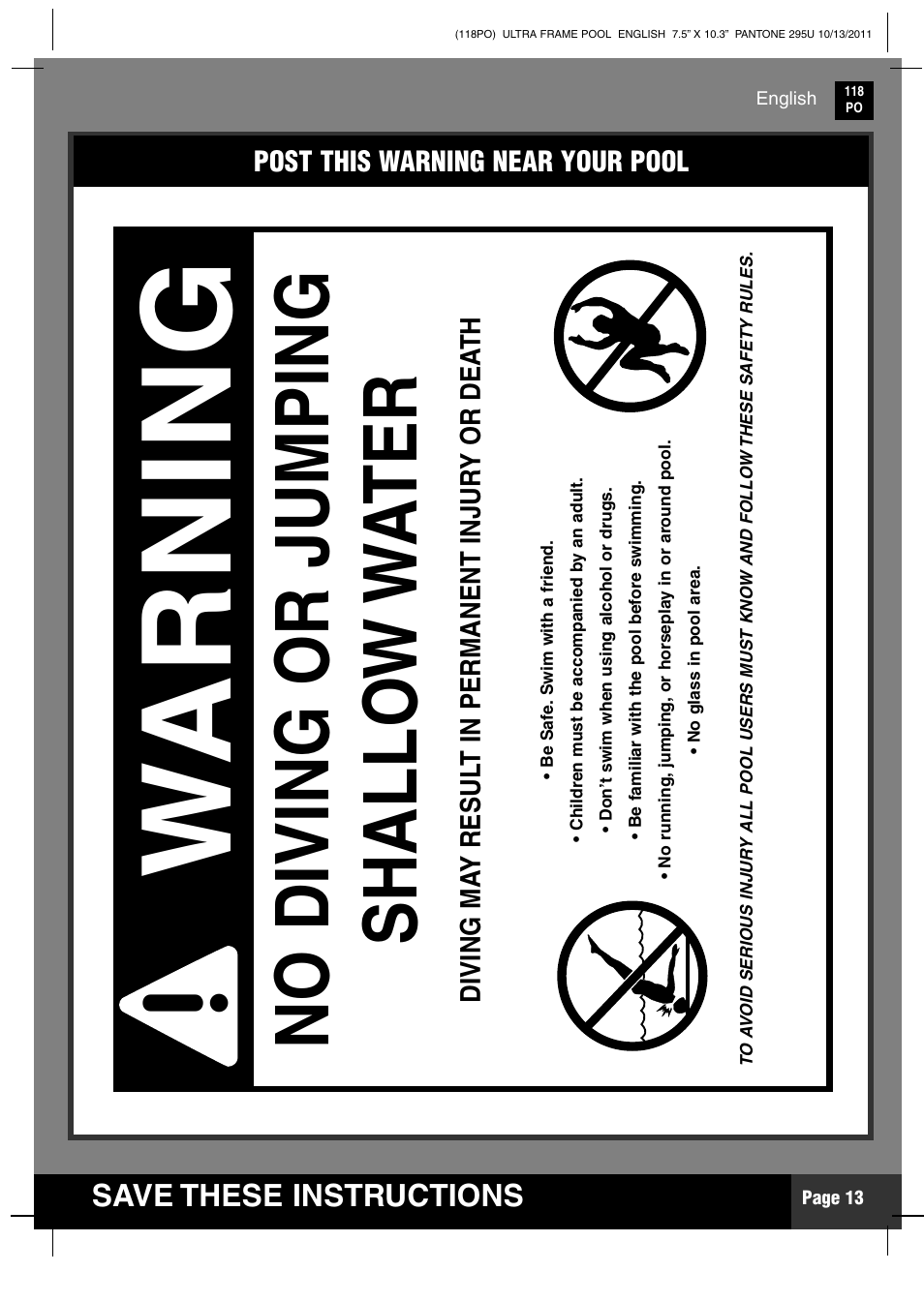 Wa r n in g, Save these instructions | Intex 18 FT X 52 IN ULTRA FRAME POOL 2012 User Manual | Page 13 / 15