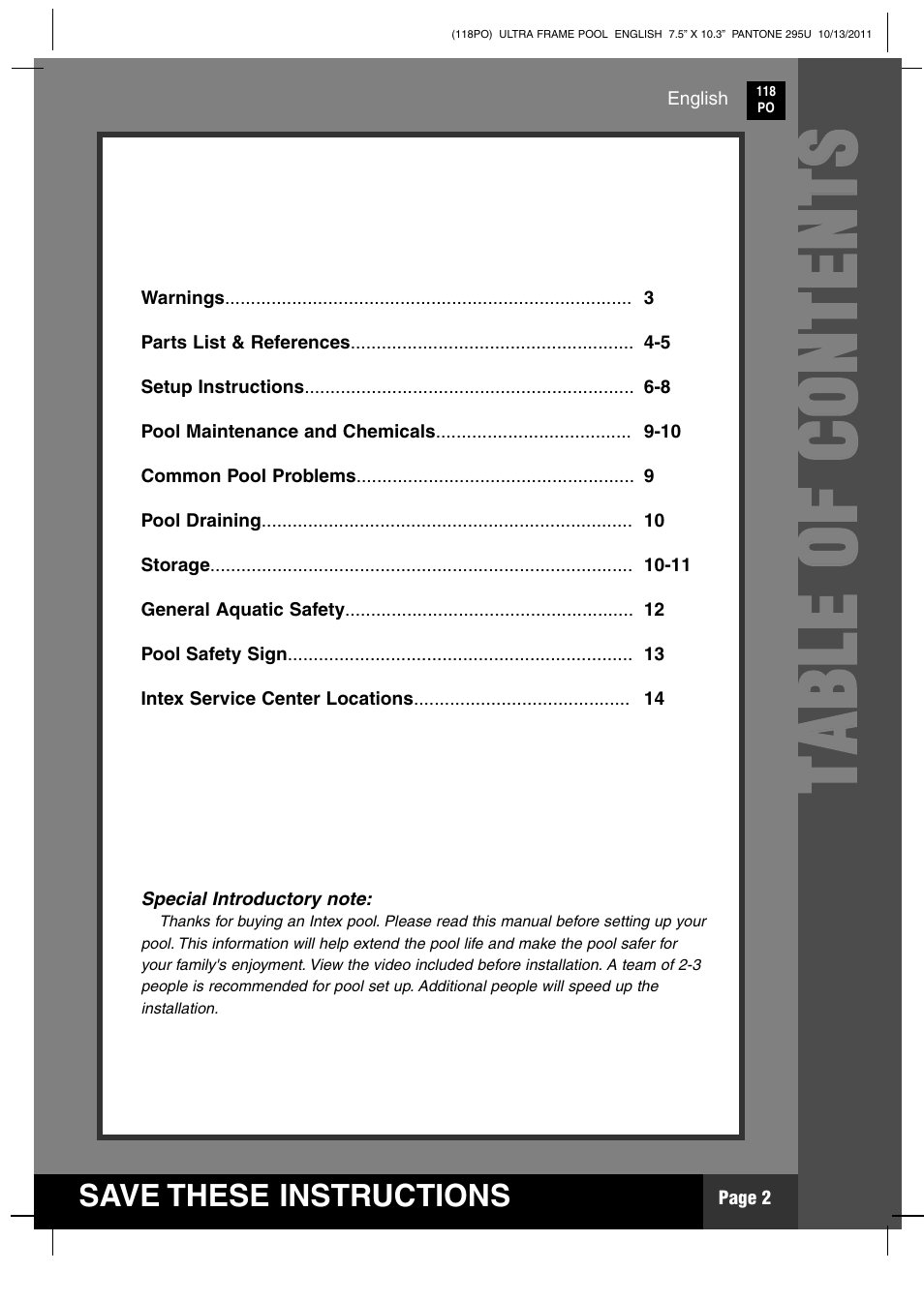 Tt aa bb ll ee oo ff cc oo nn tt ee nn tt ss | Intex 18 FT X 52 IN ULTRA FRAME POOL 2012 User Manual | Page 2 / 15
