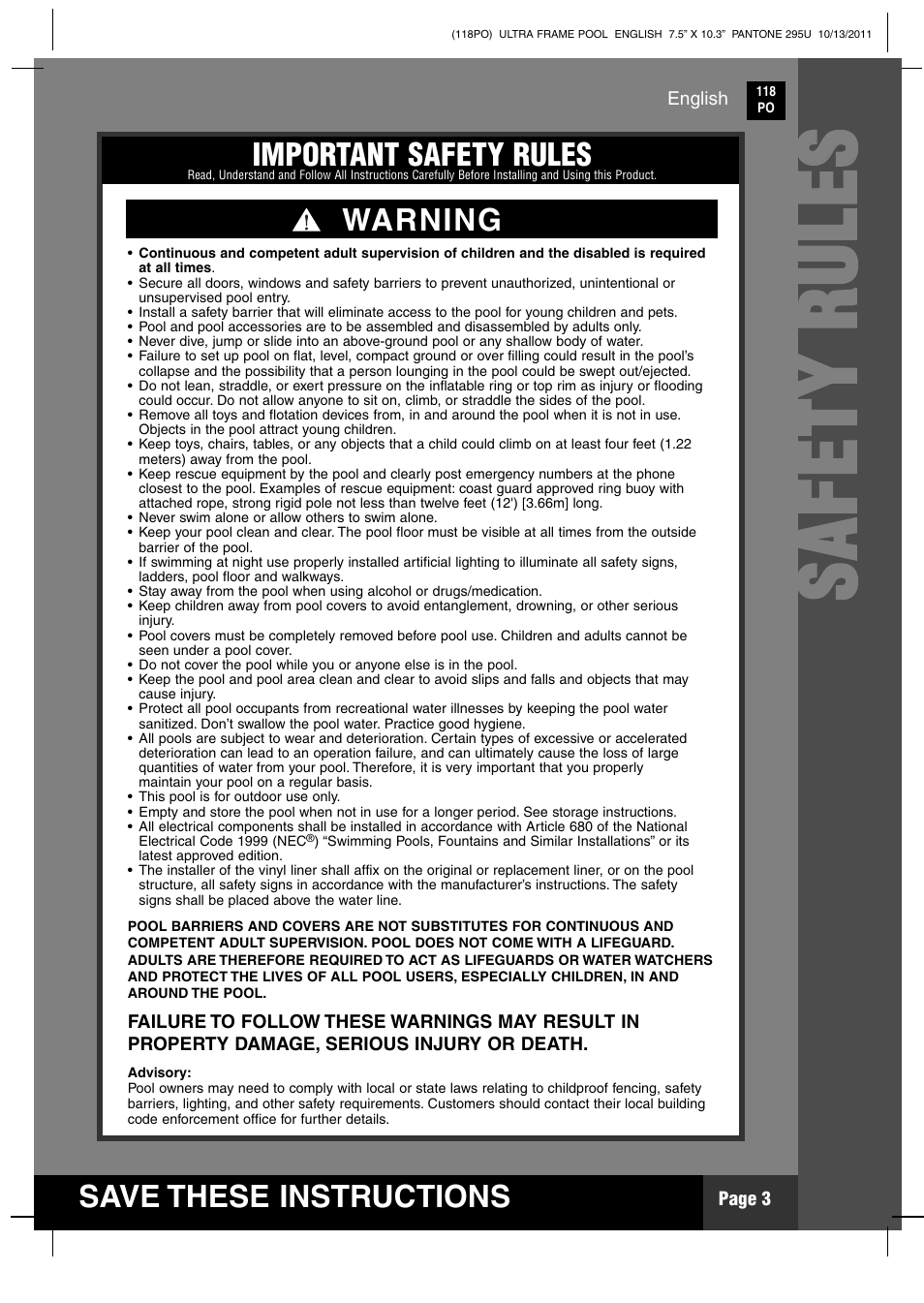 Ss aa ff ee tt yy rr uu ll ee ss, Save these instructions, Important safety rules | Warning | Intex 18 FT X 52 IN ULTRA FRAME POOL 2012 User Manual | Page 3 / 15