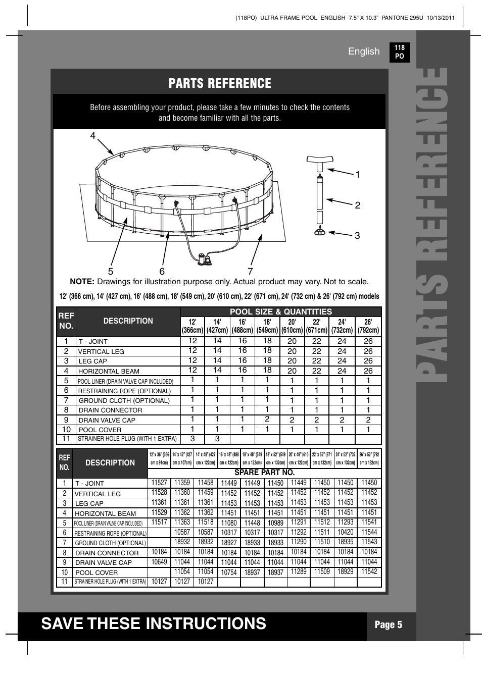 Pp aa rr tt ss rr ee ff ee rr ee nn cc ee, Save these instructions, Parts reference | Intex 18 FT X 52 IN ULTRA FRAME POOL 2012 User Manual | Page 5 / 15