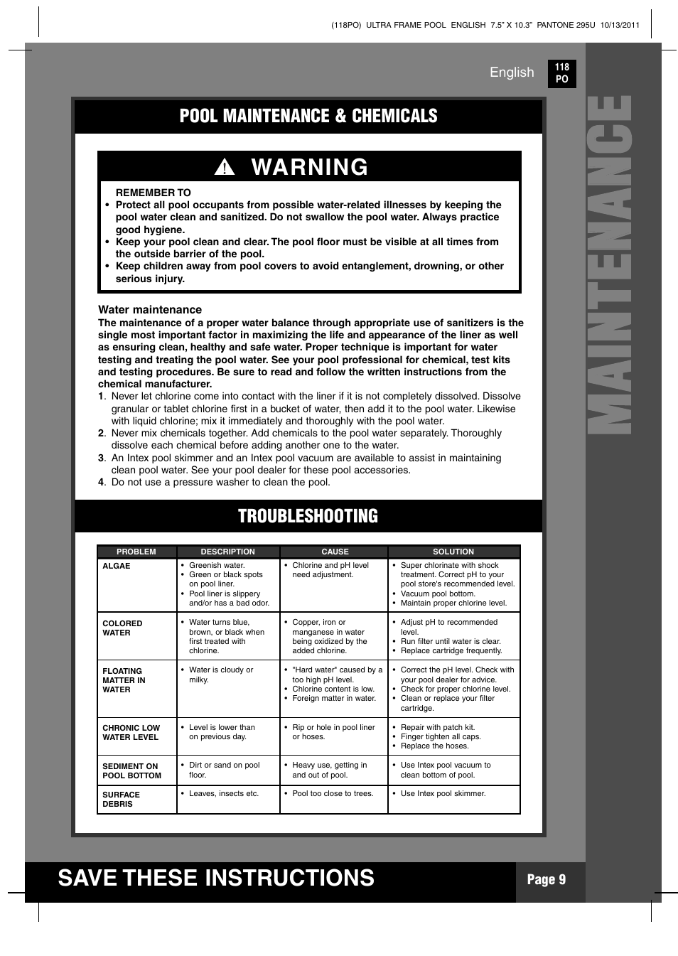 Mm aa iinn tt ee nn aa nn cc ee, Save these instructions, Warning | Pool maintenance & chemicals troubleshooting | Intex 18 FT X 52 IN ULTRA FRAME POOL 2012 User Manual | Page 9 / 15