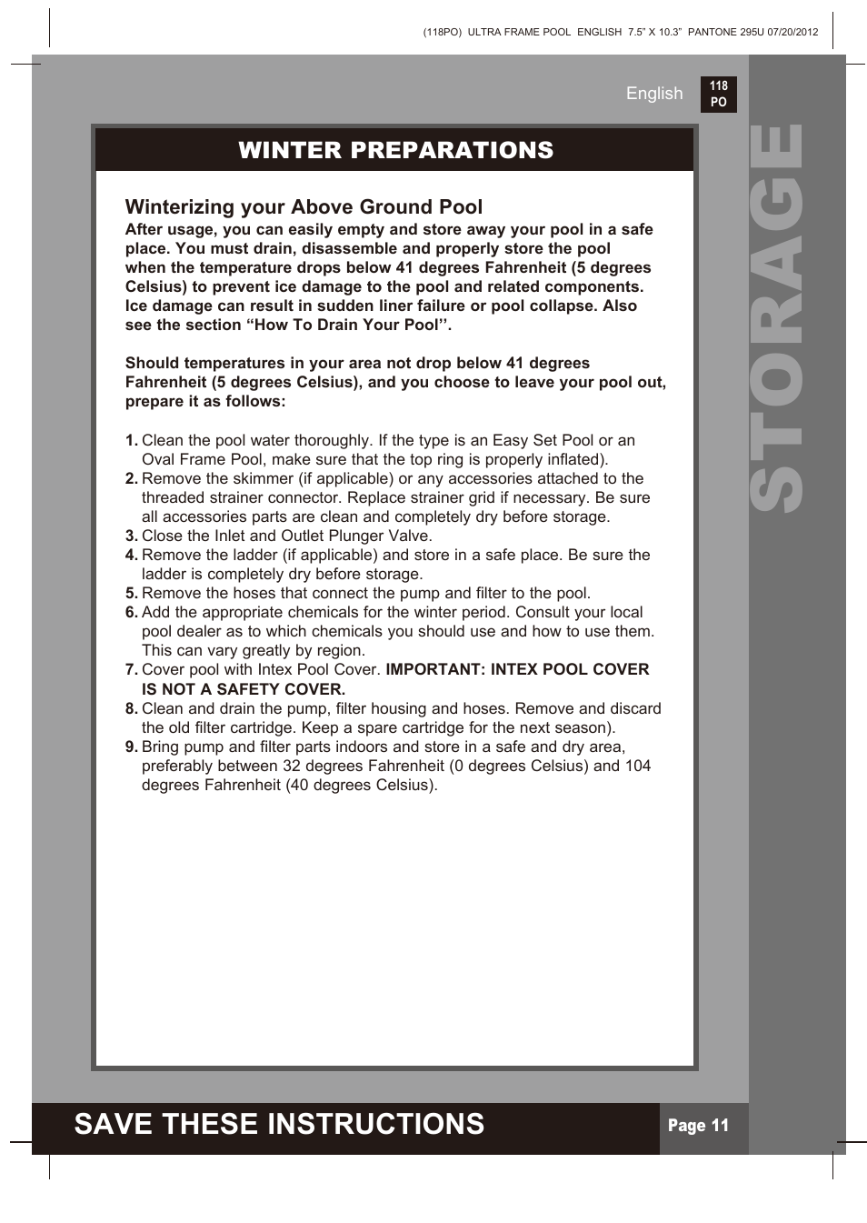 Storage, Save these instructions, Winter preparations | Intex 18 FT X 52 IN ULTRA FRAME POOL 2013 User Manual | Page 11 / 13