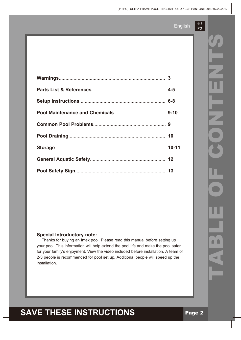 Intex 18 FT X 52 IN ULTRA FRAME POOL 2013 User Manual | Page 2 / 13