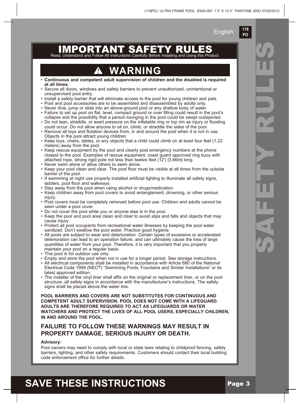 Safety rules, Save these instructions, Important safety rules | Warning | Intex 18 FT X 52 IN ULTRA FRAME POOL 2013 User Manual | Page 3 / 13