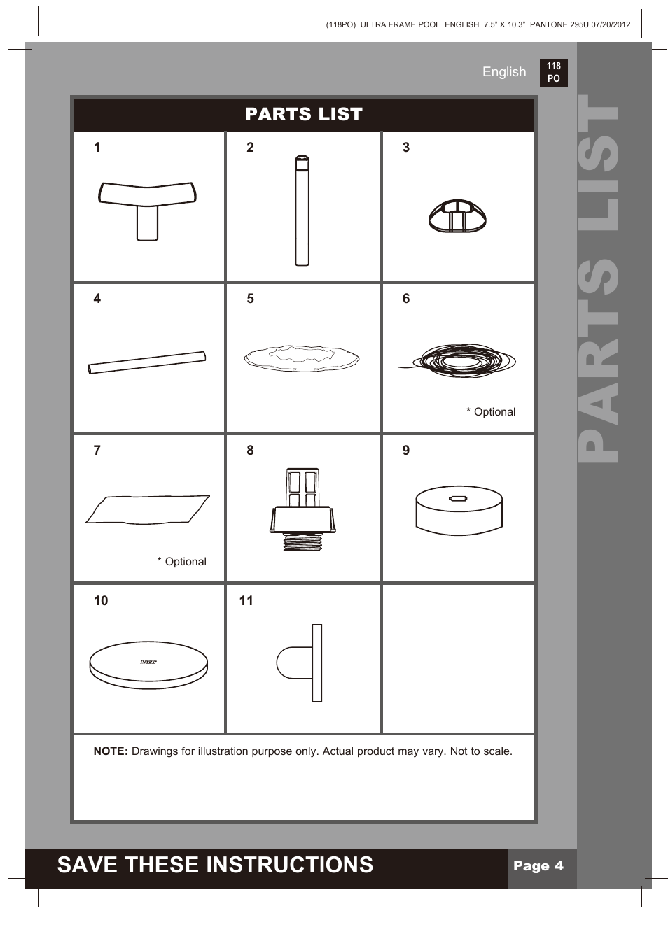 Parts list, Save these instructions | Intex 18 FT X 52 IN ULTRA FRAME POOL 2013 User Manual | Page 4 / 13