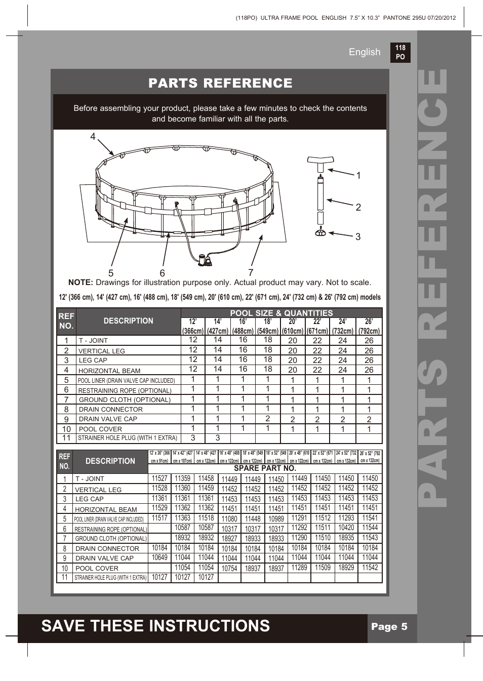 Parts reference, Save these instructions, Page 5 english | Intex 18 FT X 52 IN ULTRA FRAME POOL 2013 User Manual | Page 5 / 13