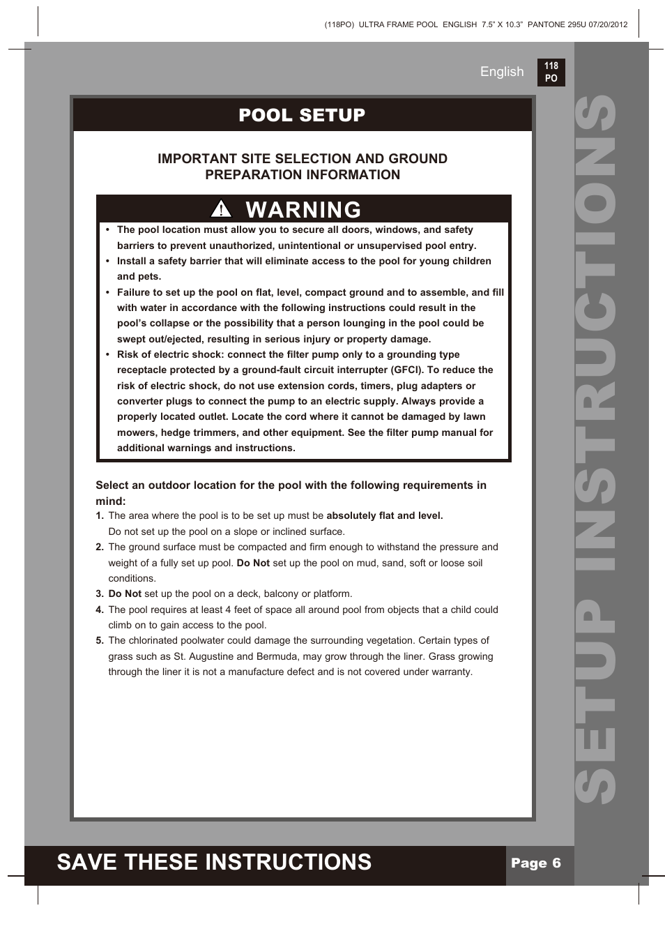 Setup instructions, Save these instructions, Warning | Intex 18 FT X 52 IN ULTRA FRAME POOL 2013 User Manual | Page 6 / 13
