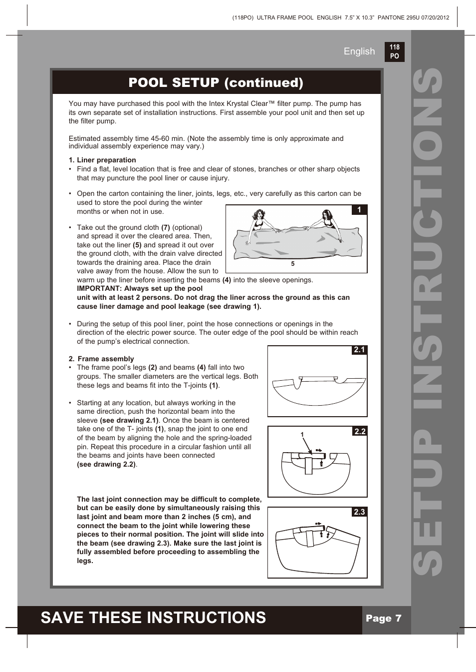 Setup instructions, Save these instructions, Pool setup (continued) | Intex 18 FT X 52 IN ULTRA FRAME POOL 2013 User Manual | Page 7 / 13