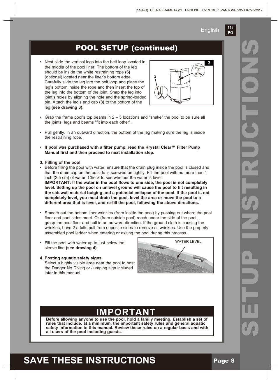 Setup instructions, Save these instructions, Important | Pool setup (continued) | Intex 18 FT X 52 IN ULTRA FRAME POOL 2013 User Manual | Page 8 / 13