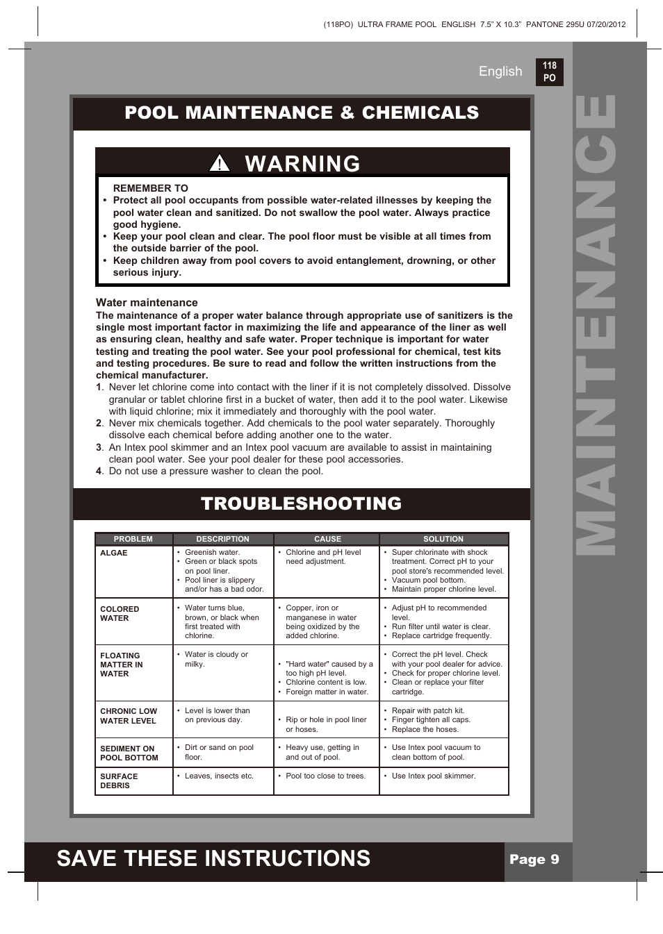 Maintenance, Save these instructions, Warning | Pool maintenance & chemicals, Troubleshooting, Page 9 english | Intex 18 FT X 52 IN ULTRA FRAME POOL 2013 User Manual | Page 9 / 13