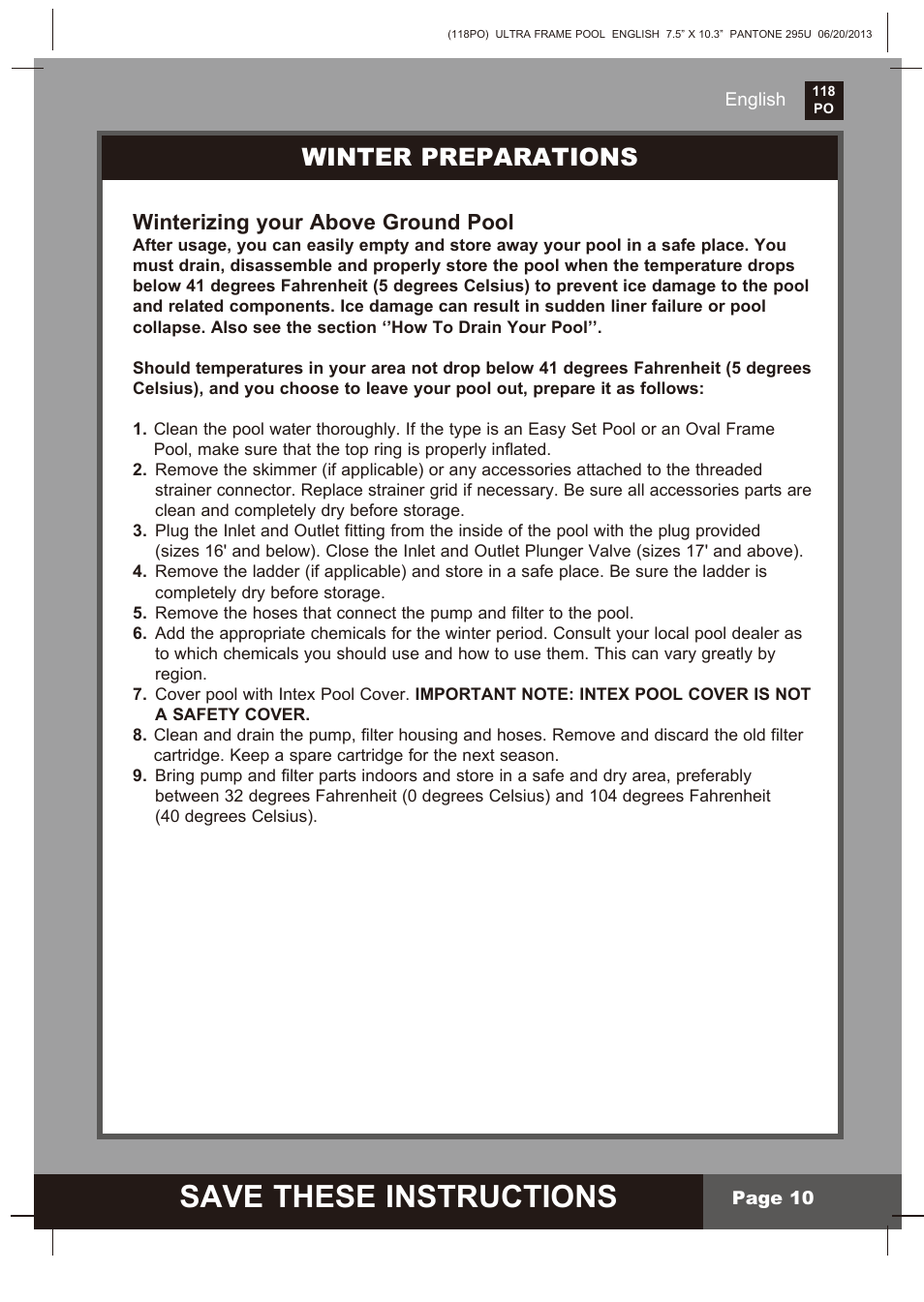 Save these instructions, Winter preparations, Winterizing your above ground pool | Intex 18 FT X 52 IN ULTRA FRAME POOL 2014 User Manual | Page 10 / 12