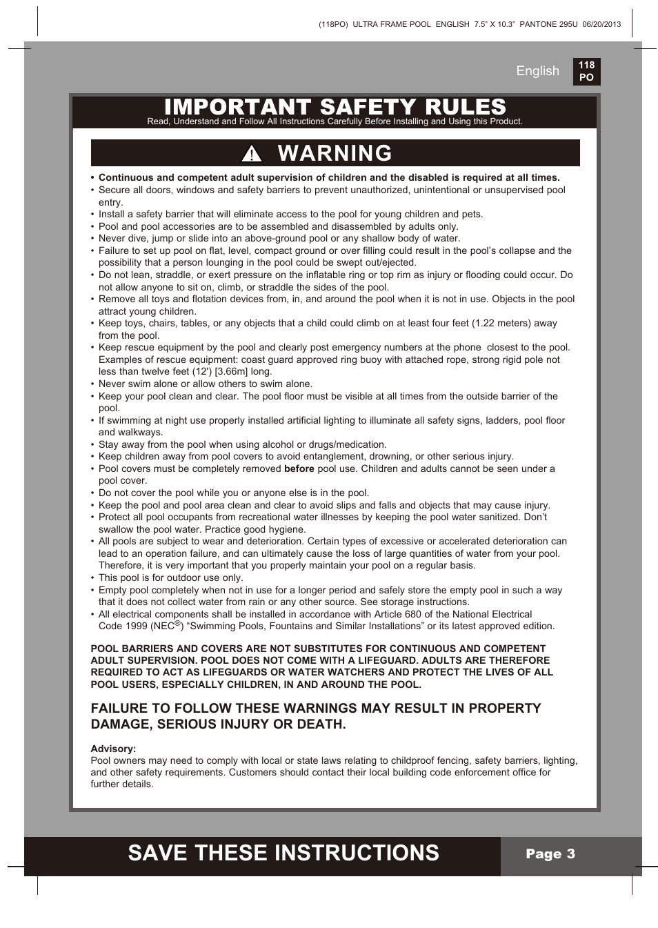 Save these instructions, Important safety rules, Warning | English page 3 | Intex 18 FT X 52 IN ULTRA FRAME POOL 2014 User Manual | Page 3 / 12