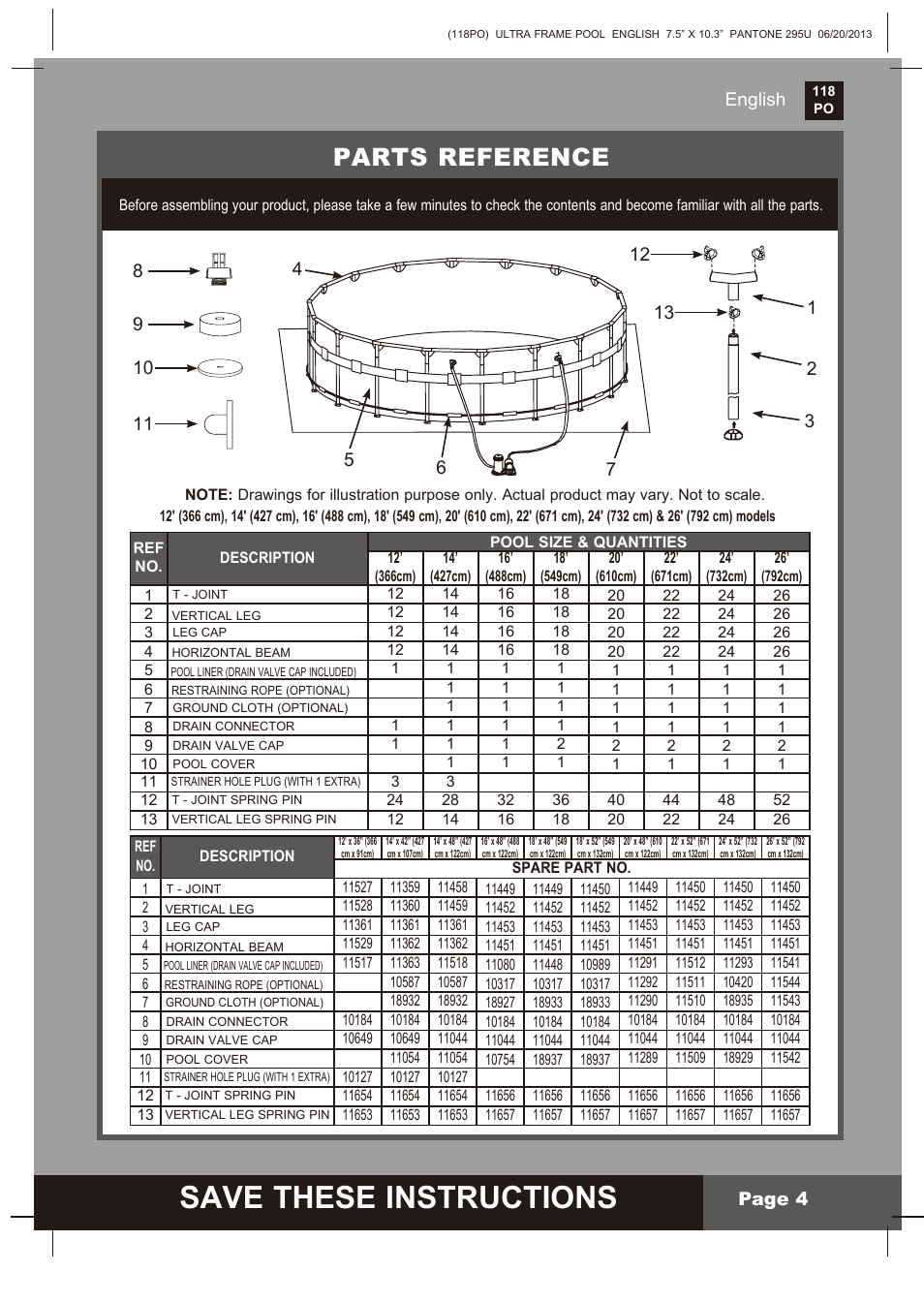 Save these instructions, Parts reference, English page 4 | Intex 18 FT X 52 IN ULTRA FRAME POOL 2014 User Manual | Page 4 / 12
