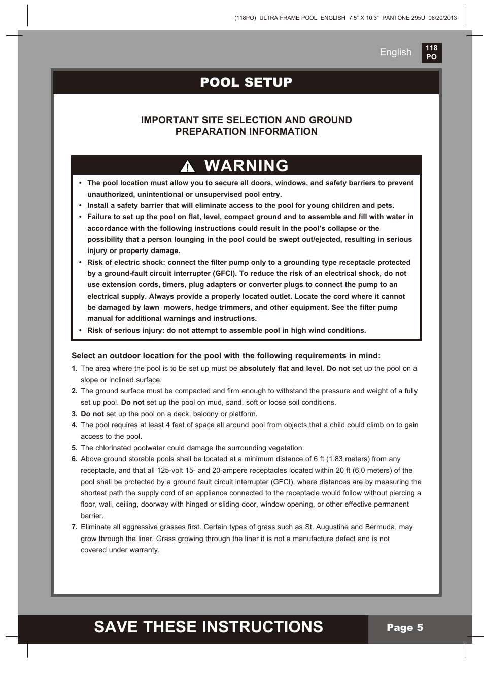 Save these instructions, Warning, Pool setup | Intex 18 FT X 52 IN ULTRA FRAME POOL 2014 User Manual | Page 5 / 12