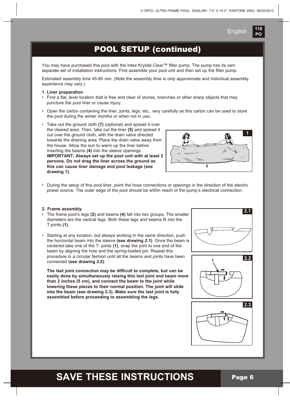 Save these instructions, Pool setup (continued), English page 6 | Intex 18 FT X 52 IN ULTRA FRAME POOL 2014 User Manual | Page 6 / 12
