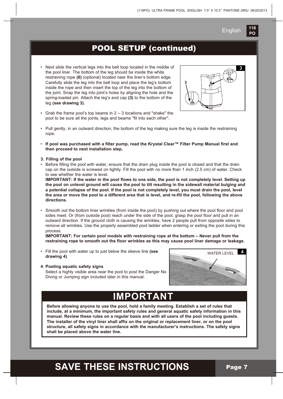 Save these instructions, Important, Pool setup (continued) | English page 7 | Intex 18 FT X 52 IN ULTRA FRAME POOL 2014 User Manual | Page 7 / 12