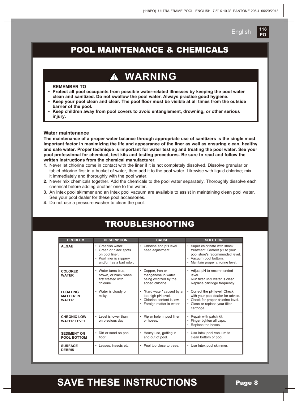 Save these instructions, Warning, Pool maintenance & chemicals troubleshooting | English page 8 | Intex 18 FT X 52 IN ULTRA FRAME POOL 2014 User Manual | Page 8 / 12