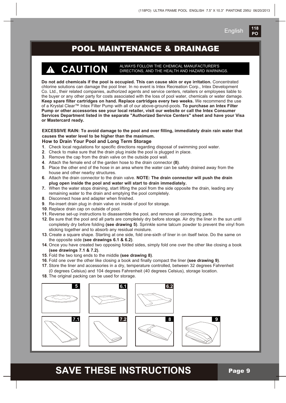 Save these instructions, Caution, Pool maintenance & drainage | English page 9 | Intex 18 FT X 52 IN ULTRA FRAME POOL 2014 User Manual | Page 9 / 12