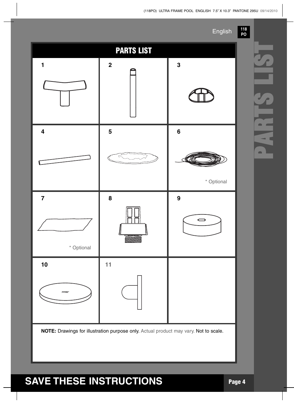 Parts list, Save these instructions | Intex 18 FT X 52 IN ULTRA FRAME POOL 2011 User Manual | Page 4 / 15