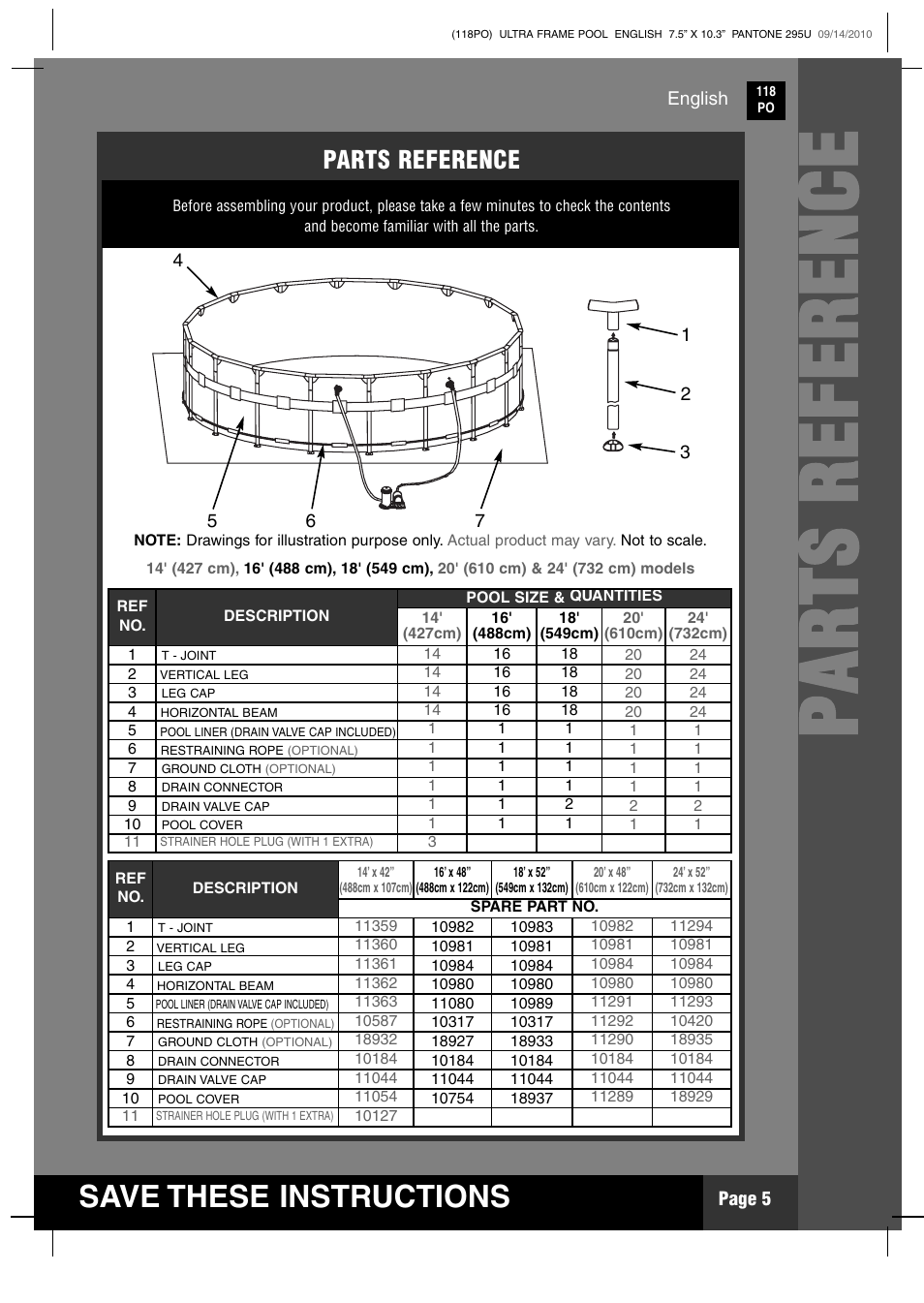 Parts referen c e, Save these instructions, Parts reference | Intex 18 FT X 52 IN ULTRA FRAME POOL 2011 User Manual | Page 5 / 15