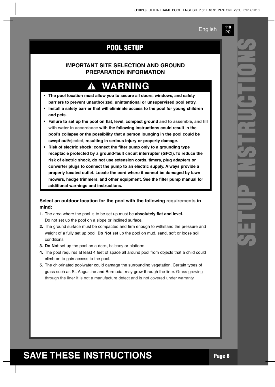 Setup instru c tions, Save these instructions, Warning | Pool setup | Intex 18 FT X 52 IN ULTRA FRAME POOL 2011 User Manual | Page 6 / 15