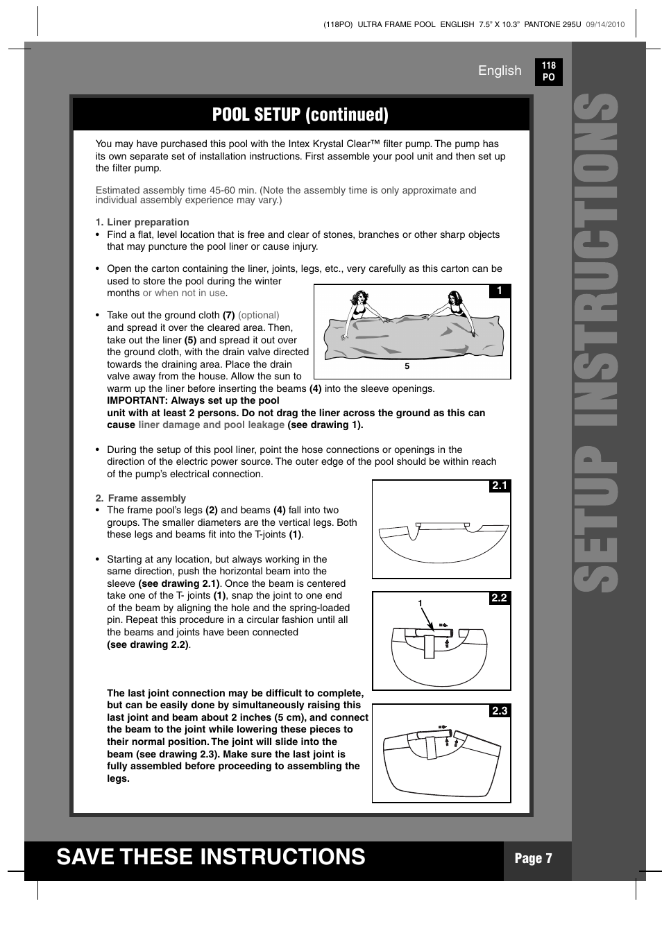 Setup instru c tions, Save these instructions, Pool setup (continued) | Intex 18 FT X 52 IN ULTRA FRAME POOL 2011 User Manual | Page 7 / 15