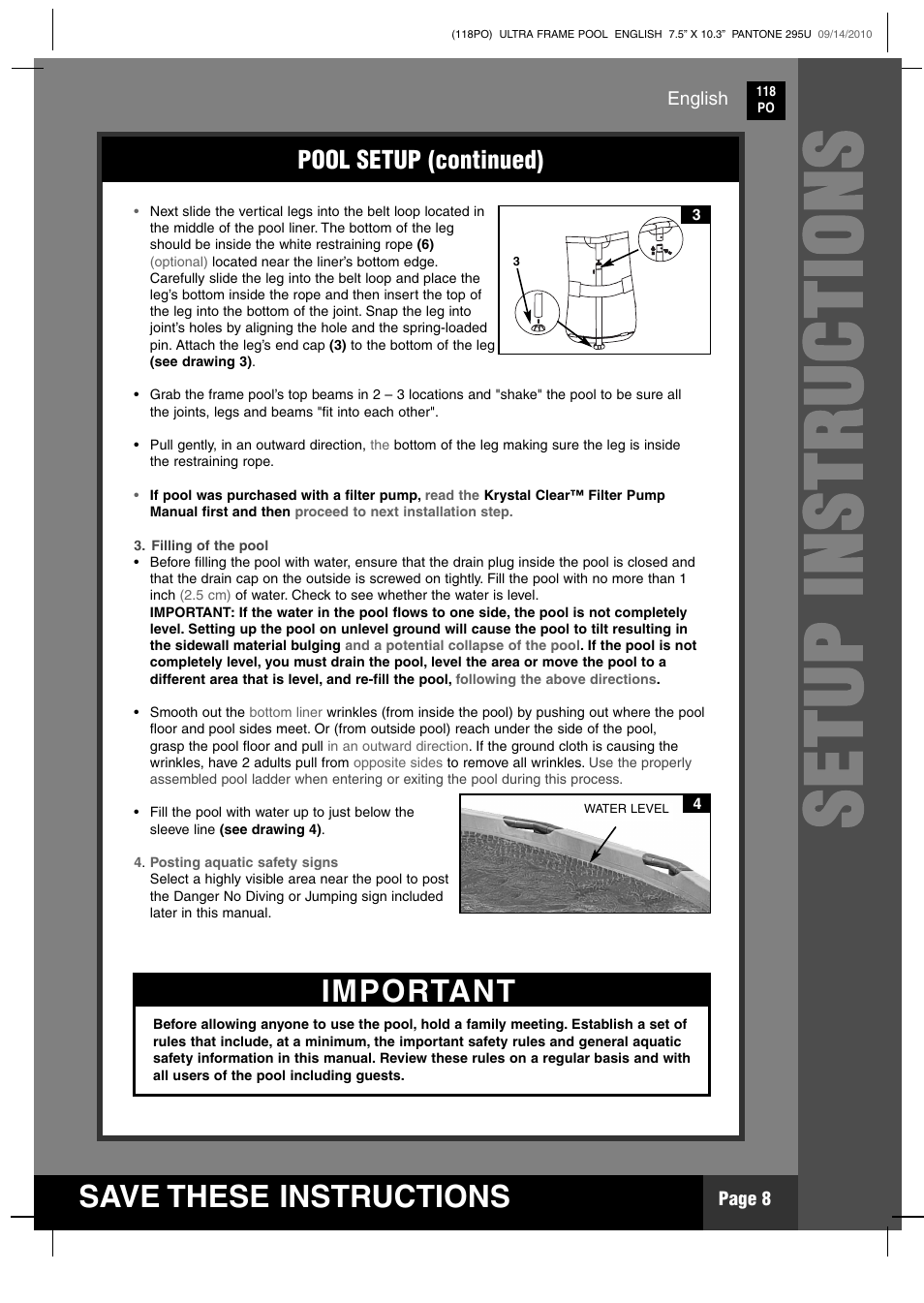 Setup instru c tions, Save these instructions, Important | Pool setup (continued) | Intex 18 FT X 52 IN ULTRA FRAME POOL 2011 User Manual | Page 8 / 15