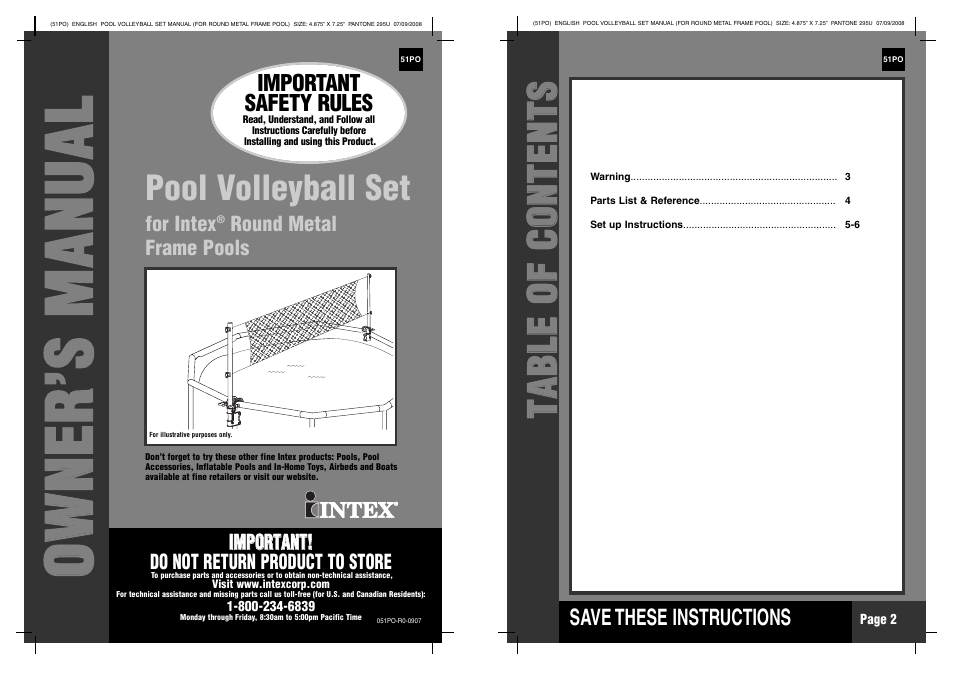 Intex Volleyball Set For Circular Metal Frame Pool 2011 User Manual | 4 pages