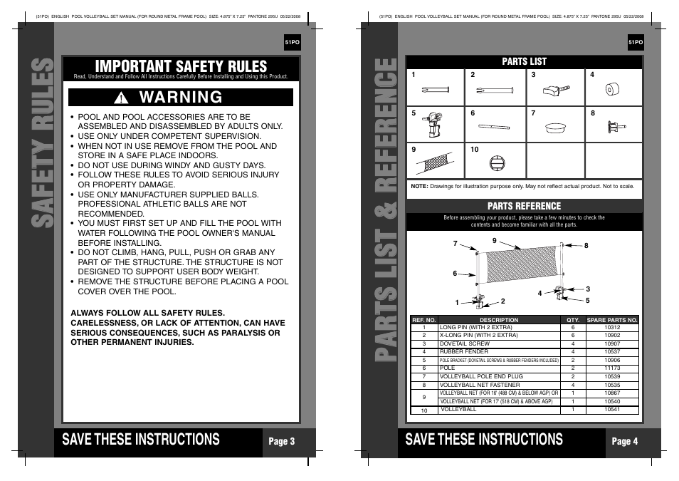 Ss aa ff ee tt yy rr uu llee ss, Save these instructions, Important | Warning, Safety rules | Intex Volleyball Set For Circular Metal Frame Pool 2011 User Manual | Page 2 / 4