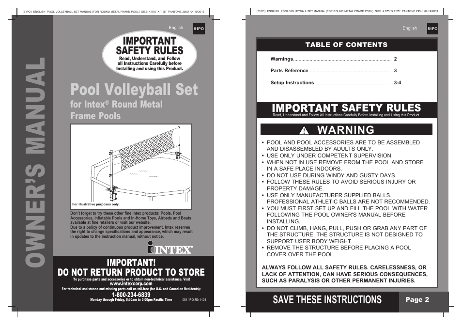 Intex Volleyball Set For Round Metal Frame Pool 2014 User Manual | 2 pages