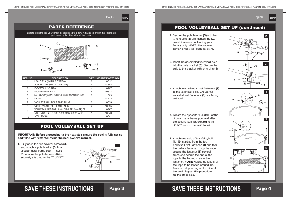 S ave these instructions, Pool volleyball set up (continued), Page 4 page 3 | Parts reference, Pool volleyball set up | Intex Volleyball Set For Round Metal Frame Pool 2014 User Manual | Page 2 / 2