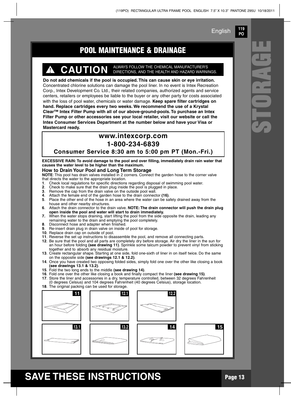 Ss tt oo rr aa gg ee, Save these instructions, Caution | Intex 18 FT X 9 FT X 52 IN ULTRA FRAME RECTANGULAR POOL User Manual | Page 13 / 18