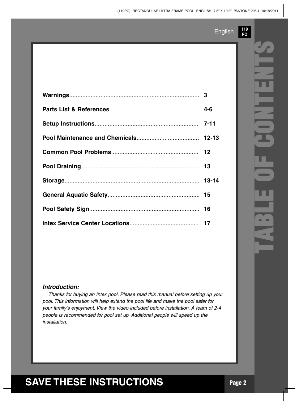 Tt aa bb ll ee oo ff cc oo nn tt ee nn tt ss | Intex 18 FT X 9 FT X 52 IN ULTRA FRAME RECTANGULAR POOL User Manual | Page 2 / 18
