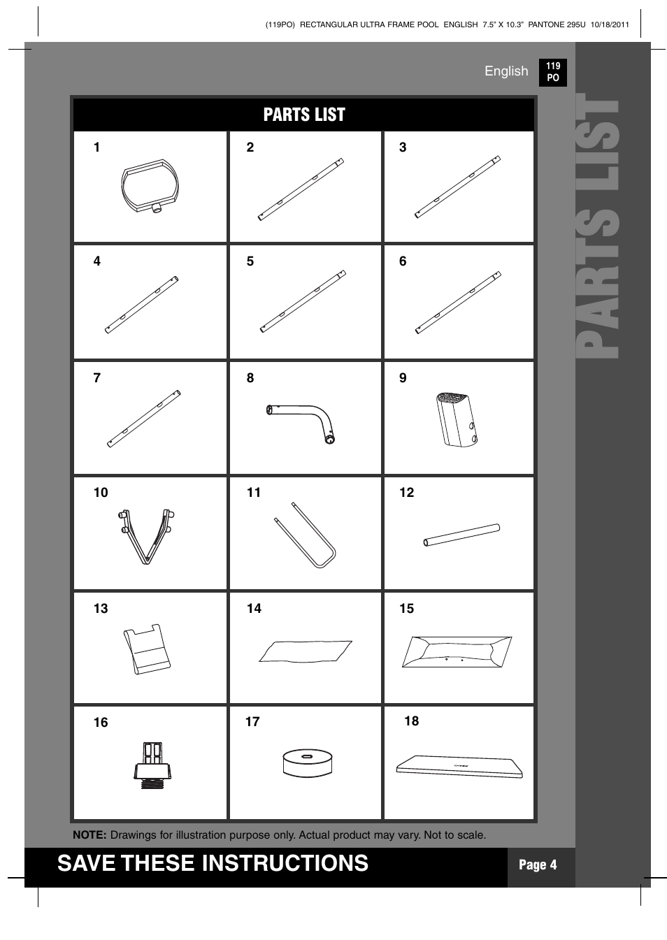 Pp aa rr tt ss ll iiss tt | Intex 18 FT X 9 FT X 52 IN ULTRA FRAME RECTANGULAR POOL User Manual | Page 4 / 18