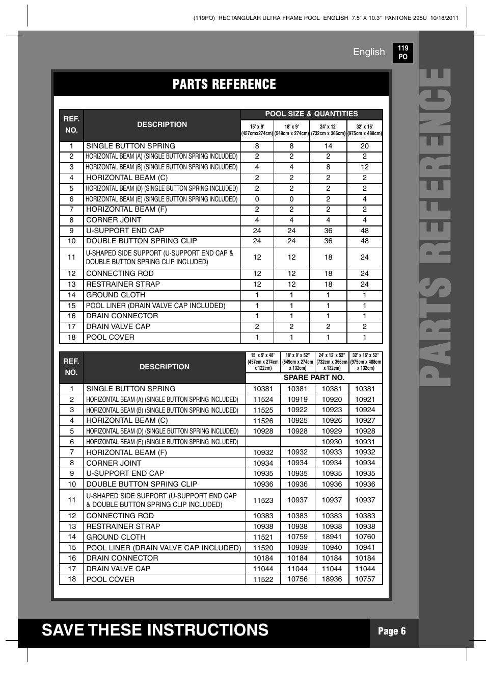 Pp aa rr tt ss rr ee ff ee rr ee nn cc ee, Save these instructions, Parts reference | Intex 18 FT X 9 FT X 52 IN ULTRA FRAME RECTANGULAR POOL User Manual | Page 6 / 18
