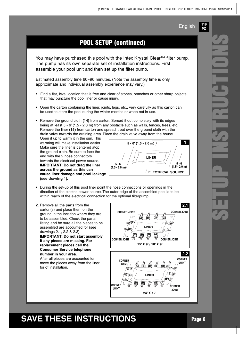 Ss ee tt uu pp ii nn ss tt rr uu cc tt iioo nn ss, Save these instructions | Intex 18 FT X 9 FT X 52 IN ULTRA FRAME RECTANGULAR POOL User Manual | Page 8 / 18