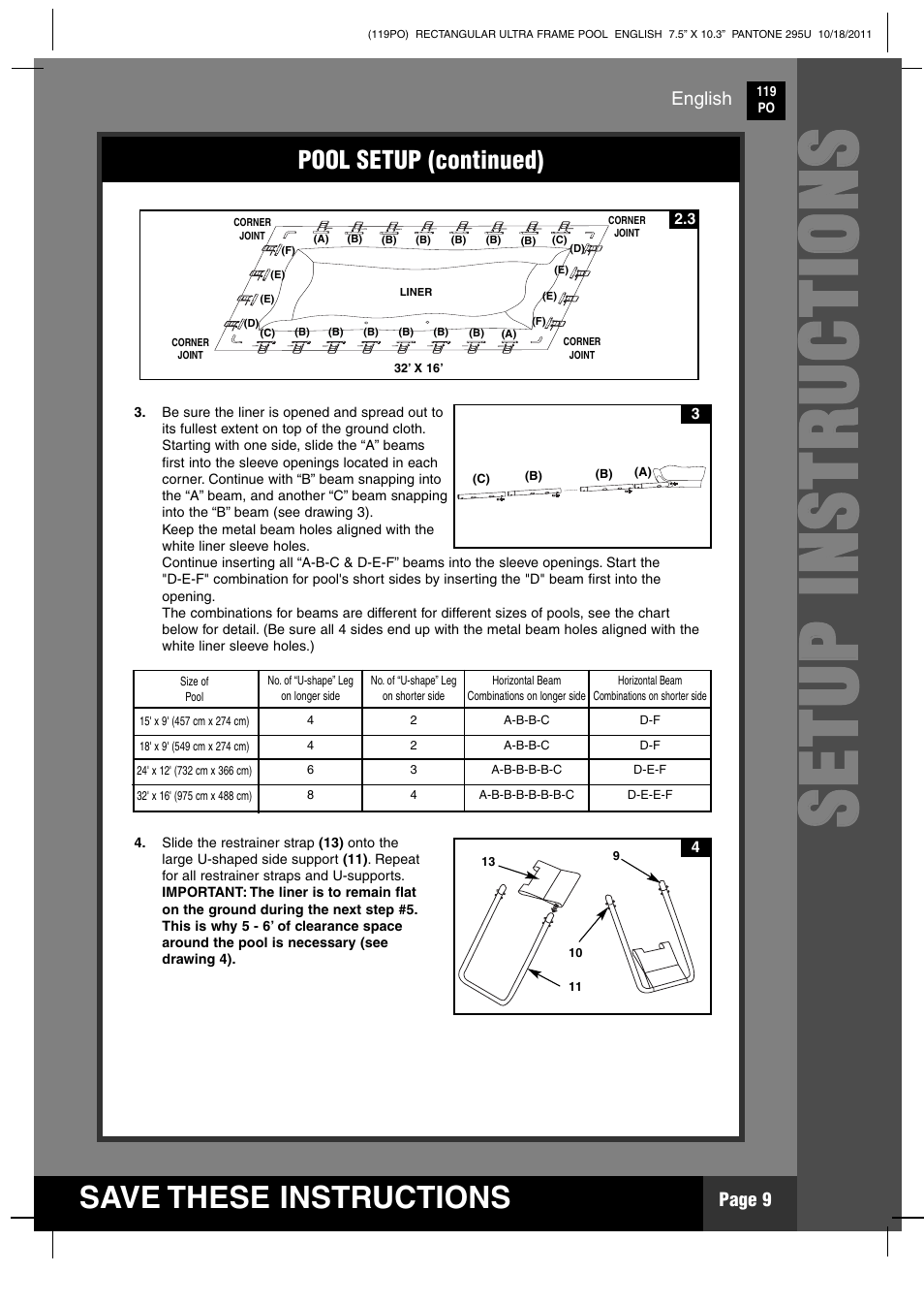 Ss ee tt uu pp ii nn ss tt rr uu cc tt iioo nn ss, Save these instructions | Intex 18 FT X 9 FT X 52 IN ULTRA FRAME RECTANGULAR POOL User Manual | Page 9 / 18