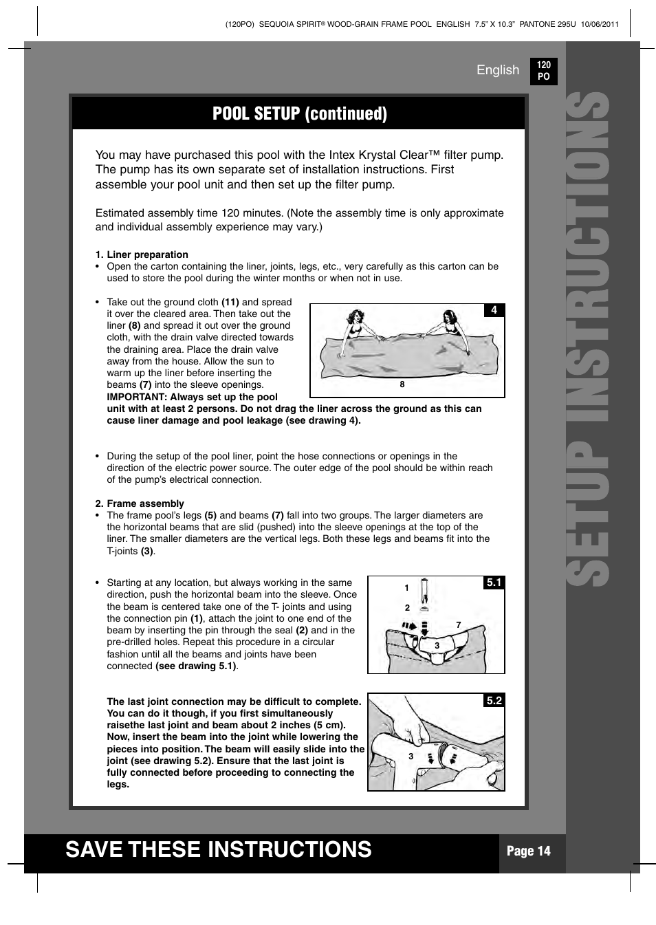 Ss ee tt uu pp ii nn ss tt rr uu cc tt iioo nn ss | Intex 18 FT 8 IN X 53 IN SEQUOIA SPIRIT POOL 2012 User Manual | Page 14 / 27