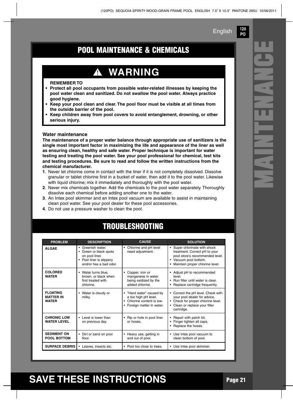 Mm aa iinn tt ee nn aa nn cc ee, Save these instructions, Warning | Pool maintenance & chemicals troubleshooting | Intex 18 FT 8 IN X 53 IN SEQUOIA SPIRIT POOL 2012 User Manual | Page 21 / 27