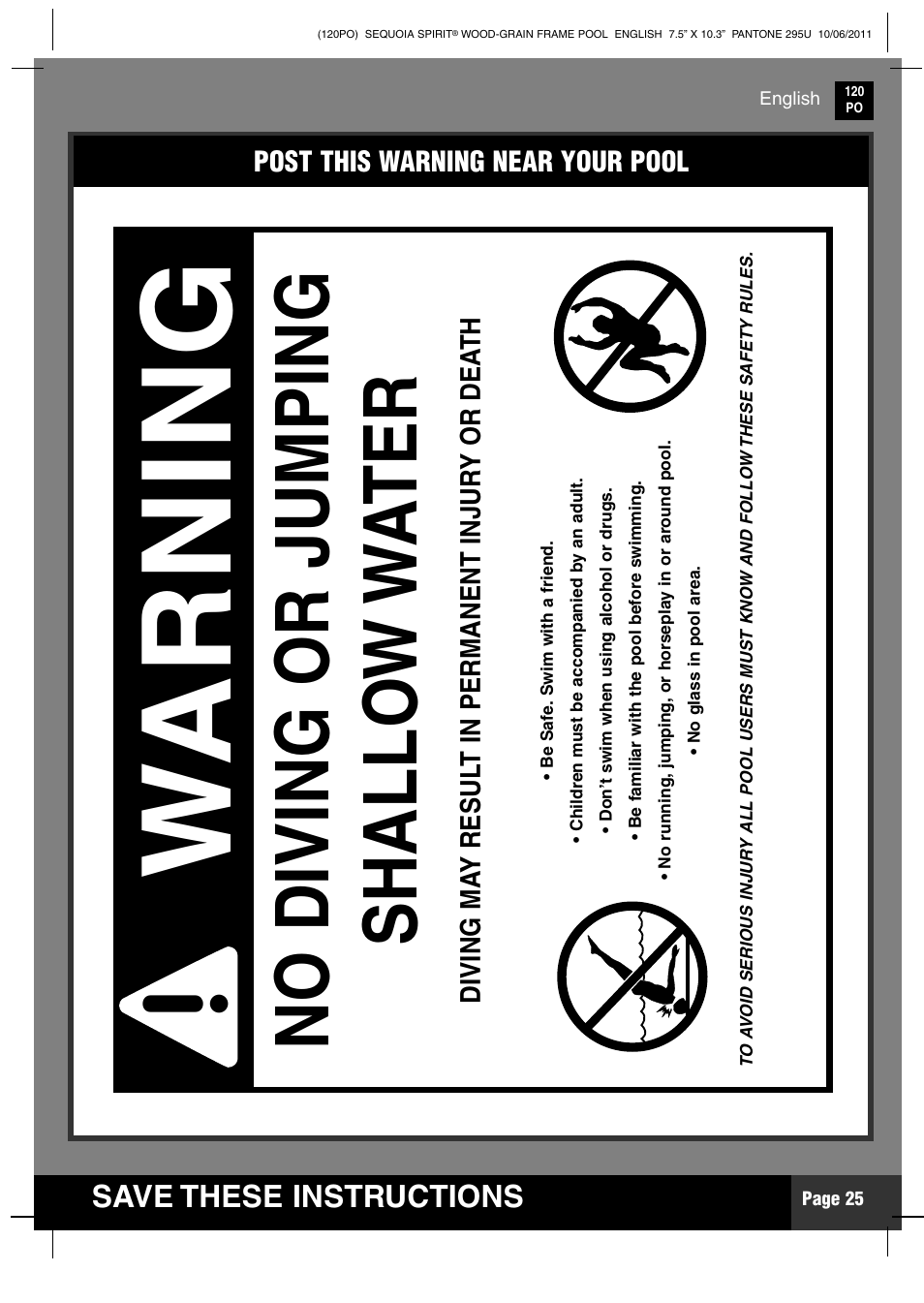 Wa r n in g, Save these instructions | Intex 18 FT 8 IN X 53 IN SEQUOIA SPIRIT POOL 2012 User Manual | Page 25 / 27