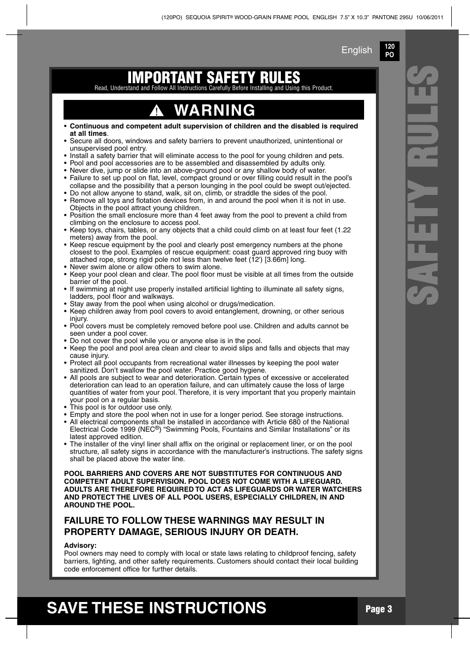 Ss aa ff ee tt yy rr uu ll ee ss, Save these instructions, Important safety rules | Warning | Intex 18 FT 8 IN X 53 IN SEQUOIA SPIRIT POOL 2012 User Manual | Page 3 / 27