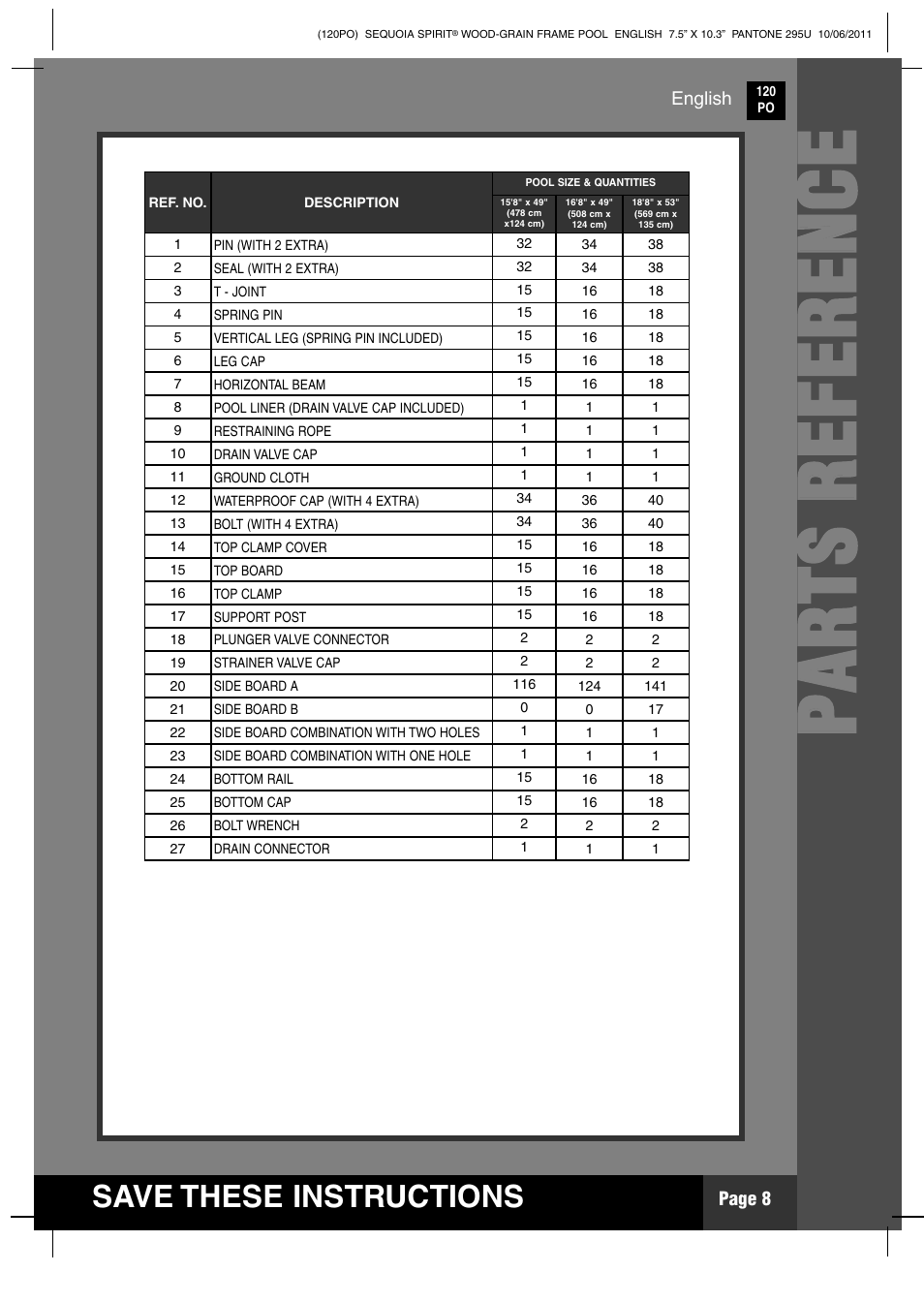 Pp aa rr tt ss rr ee ff ee rr ee nn cc ee, Save these instructions | Intex 18 FT 8 IN X 53 IN SEQUOIA SPIRIT POOL 2012 User Manual | Page 8 / 27