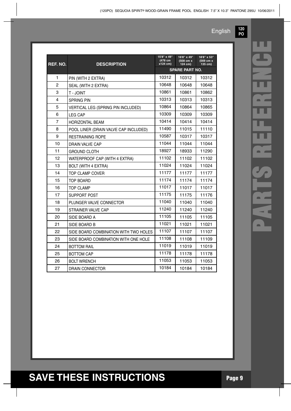 Pp aa rr tt ss rr ee ff ee rr ee nn cc ee, Save these instructions | Intex 18 FT 8 IN X 53 IN SEQUOIA SPIRIT POOL 2012 User Manual | Page 9 / 27