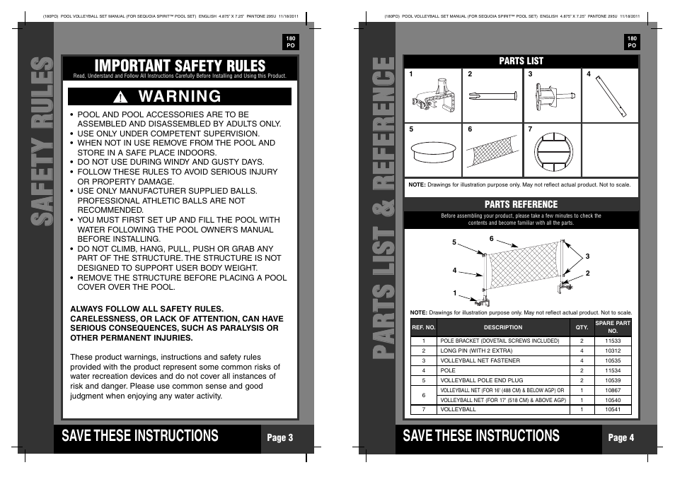 Ss aa ff ee tt yy rr uu ll ee ss, S ave these instructions, Important | Warning, Safety rules | Intex Pool Volleyball Set for Sequoia Spirit Pool Set 2012 User Manual | Page 2 / 4