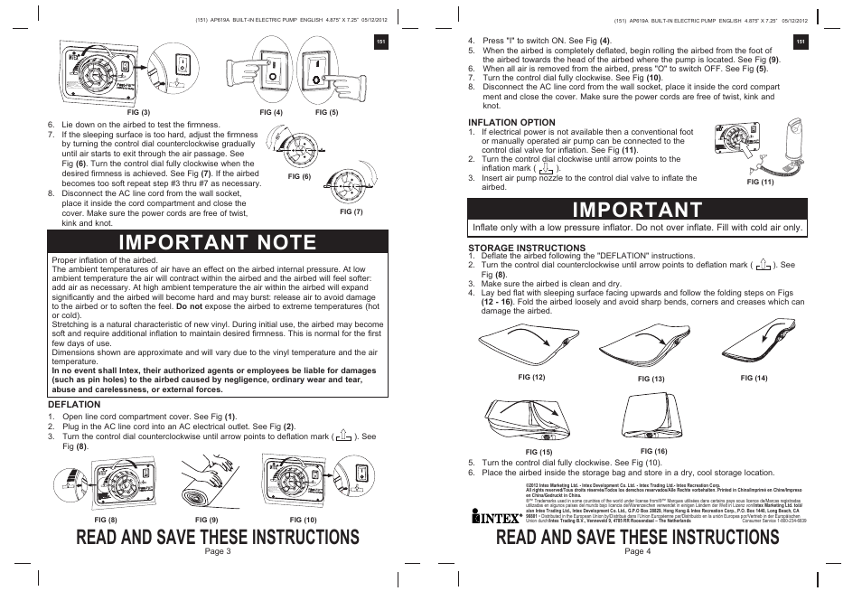 Read and save these instructions, Important, Intex | Intex QUEEN ULTRA PLUSH BED 2013 User Manual | Page 2 / 2
